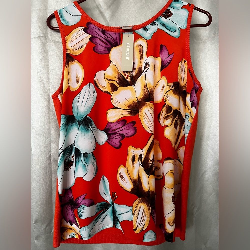 NWT Chicos Women's Tropical print-iris sleeveless sweater tank Sz 1 (M/8) - Picture 2 of 12